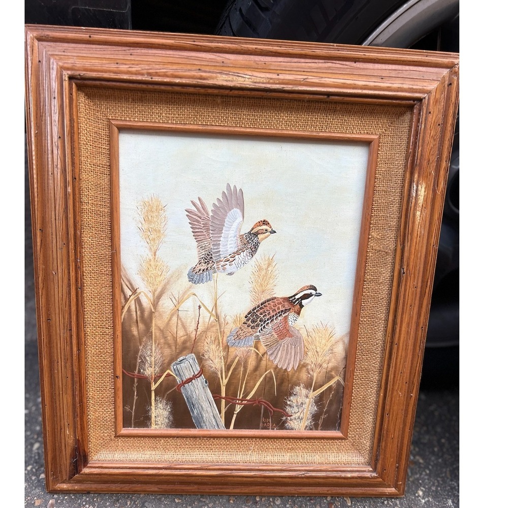 Kim Garza Original Oil Painting Quail Birds in Flight Rustic Wood Frame 11x14